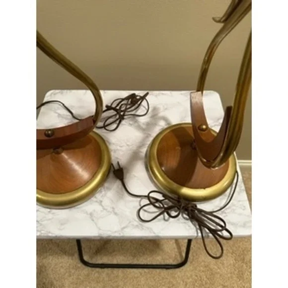 Mid Century Modern‎ Oak & Brass Table Lamps A Pair Vintage Lighting Decor - Picture 14 of 15